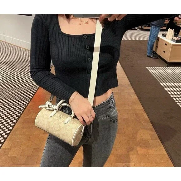 COACH LACEY Top Handle Crossbody Bag Signature Canvas Chalk Khaki Tassel CK689